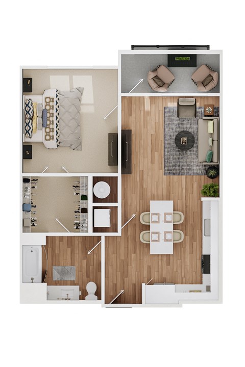 Floor plan for 1 bed, 1 bath, 784 sqft
